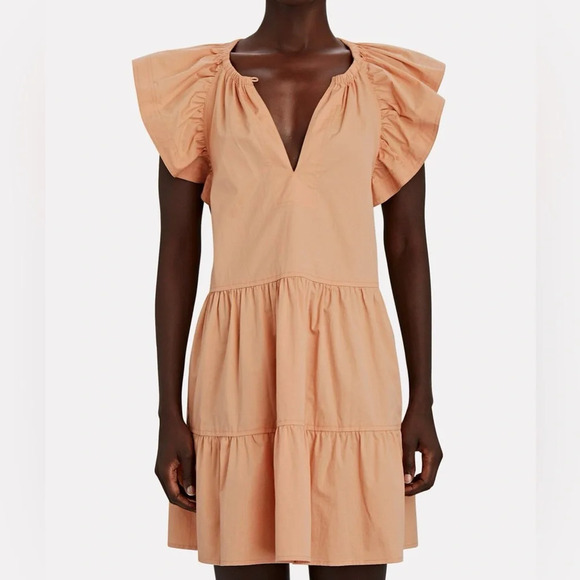 A.L.C. Harper tiered poplin flutter sleeve mini dress in Sunstone cottagecore 8 - Picture 1 of 11
